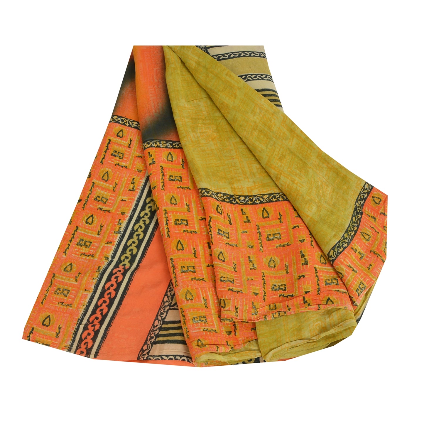 Sanskriti Vintage Sarees Green/Orange Pure Crepe Printed Sari 5yd Craft Fabric