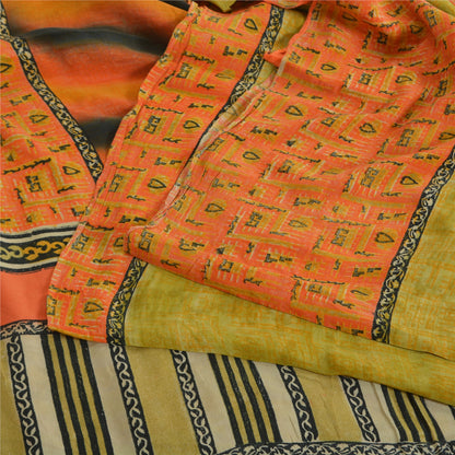 Sanskriti Vintage Sarees Green/Orange Pure Crepe Printed Sari 5yd Craft Fabric