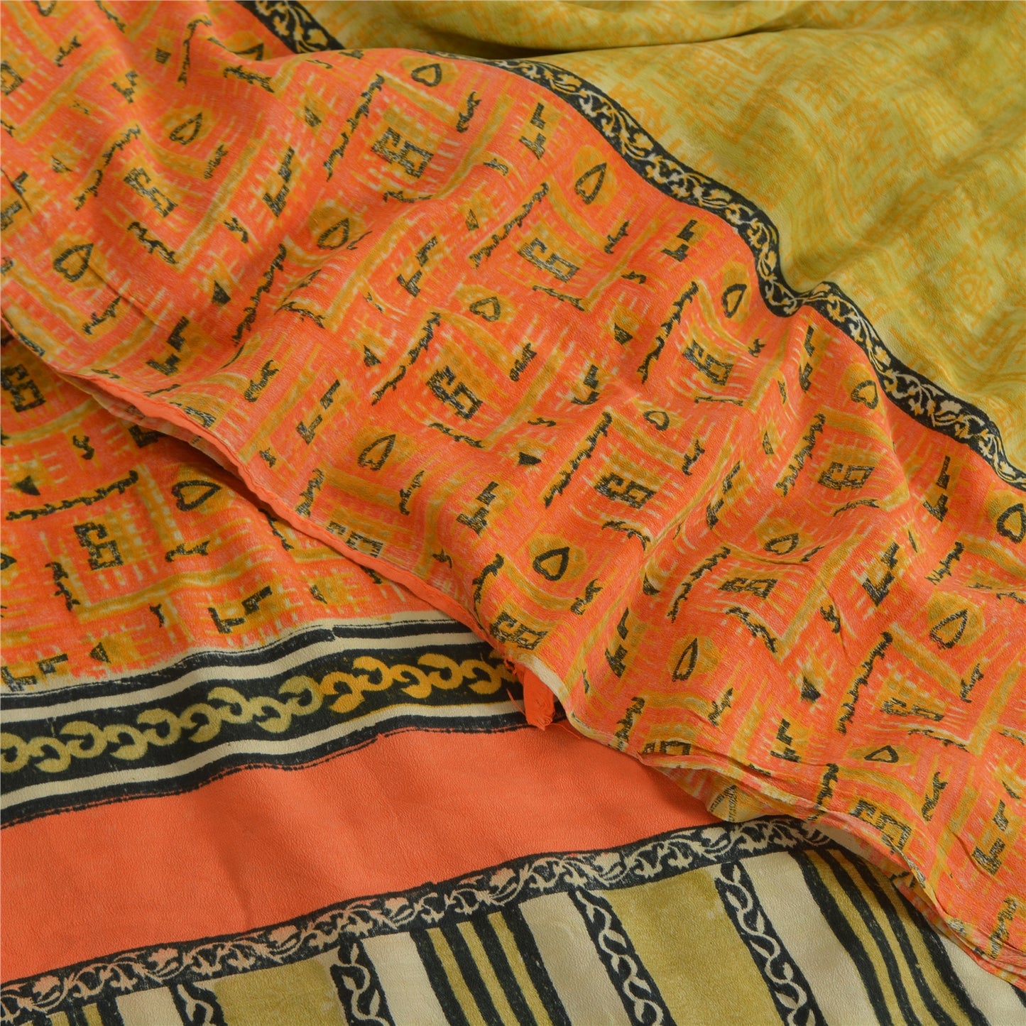 Sanskriti Vintage Sarees Green/Orange Pure Crepe Printed Sari 5yd Craft Fabric