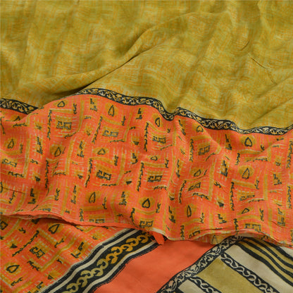 Sanskriti Vintage Sarees Green/Orange Pure Crepe Printed Sari 5yd Craft Fabric