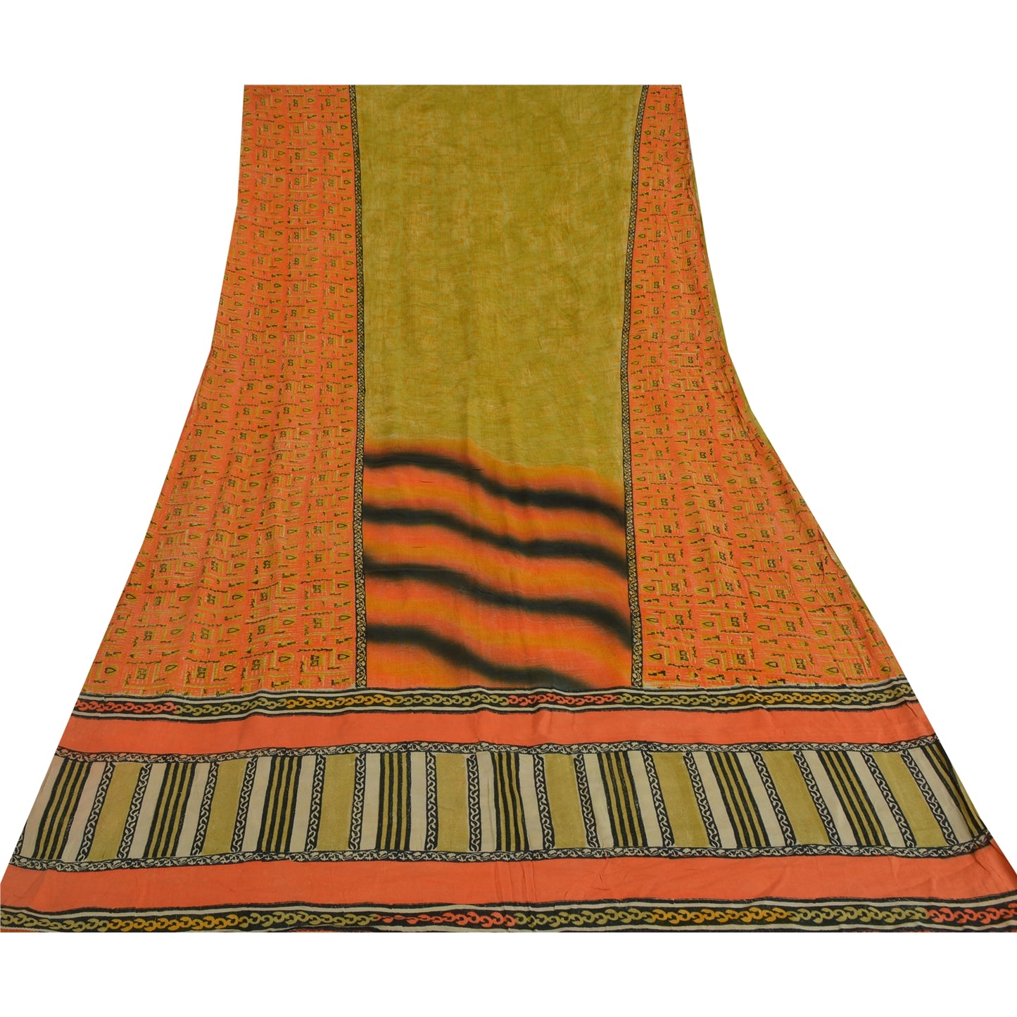 Sanskriti Vintage Sarees Green/Orange Pure Crepe Printed Sari 5yd Craft Fabric