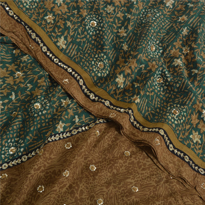 Sanskriti Vintage Sarees Indian Green Pure Crepe Hand Beaded Printed Sari Fabric