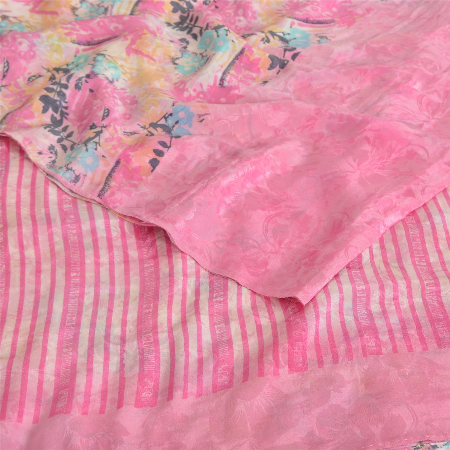 Sanskriti Vintage Sarees Pink Pure Crepe Silk Printed Sari 5yd Craft Fabric