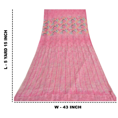 Sanskriti Vintage Sarees Pink Pure Crepe Silk Printed Sari 5yd Craft Fabric