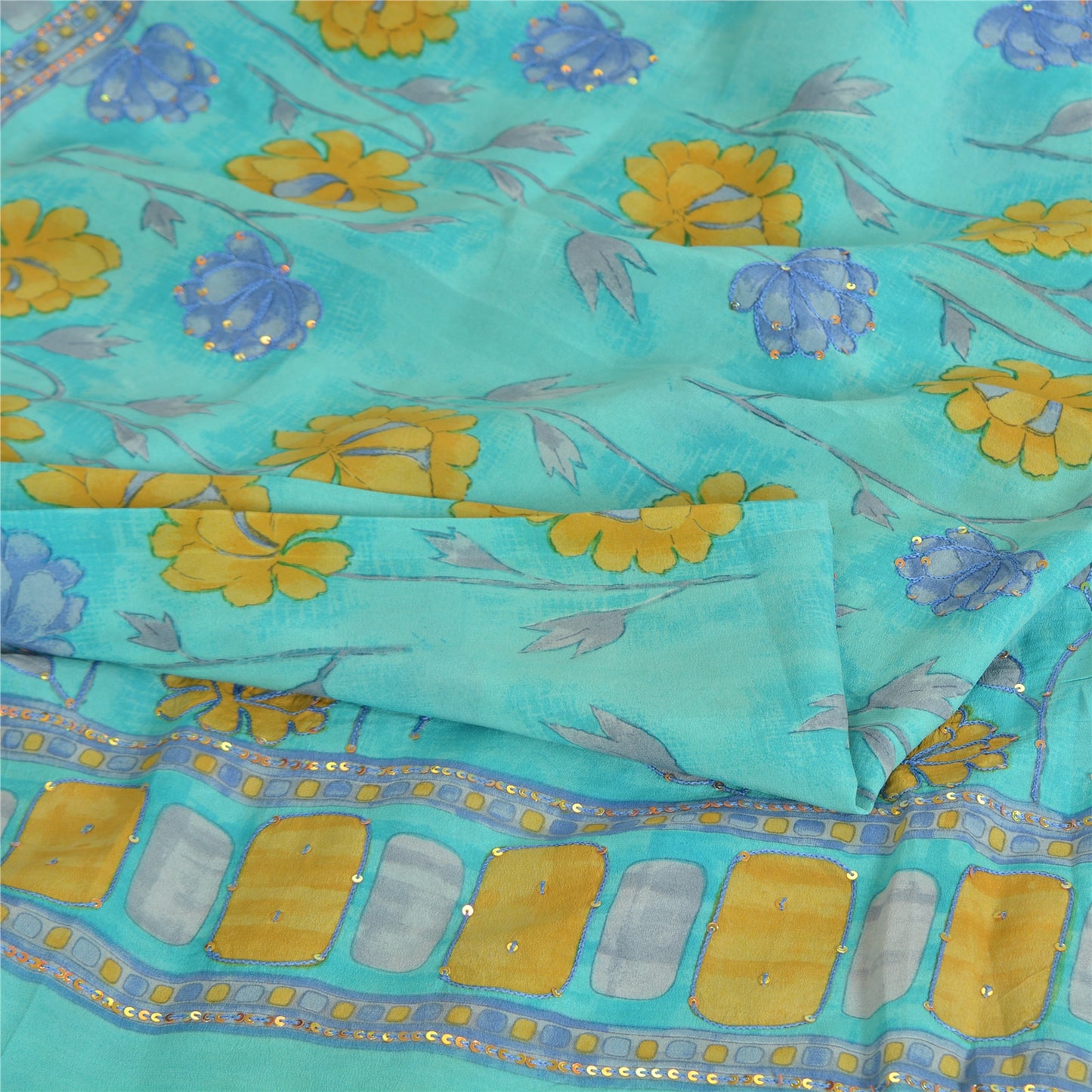 Sanskriti Vintage Sarees Green Pure Crepe Printed/Embroidery Sari Craft Fabric