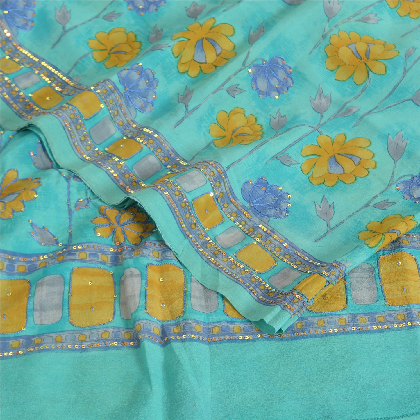 Sanskriti Vintage Sarees Green Pure Crepe Printed/Embroidery Sari Craft Fabric