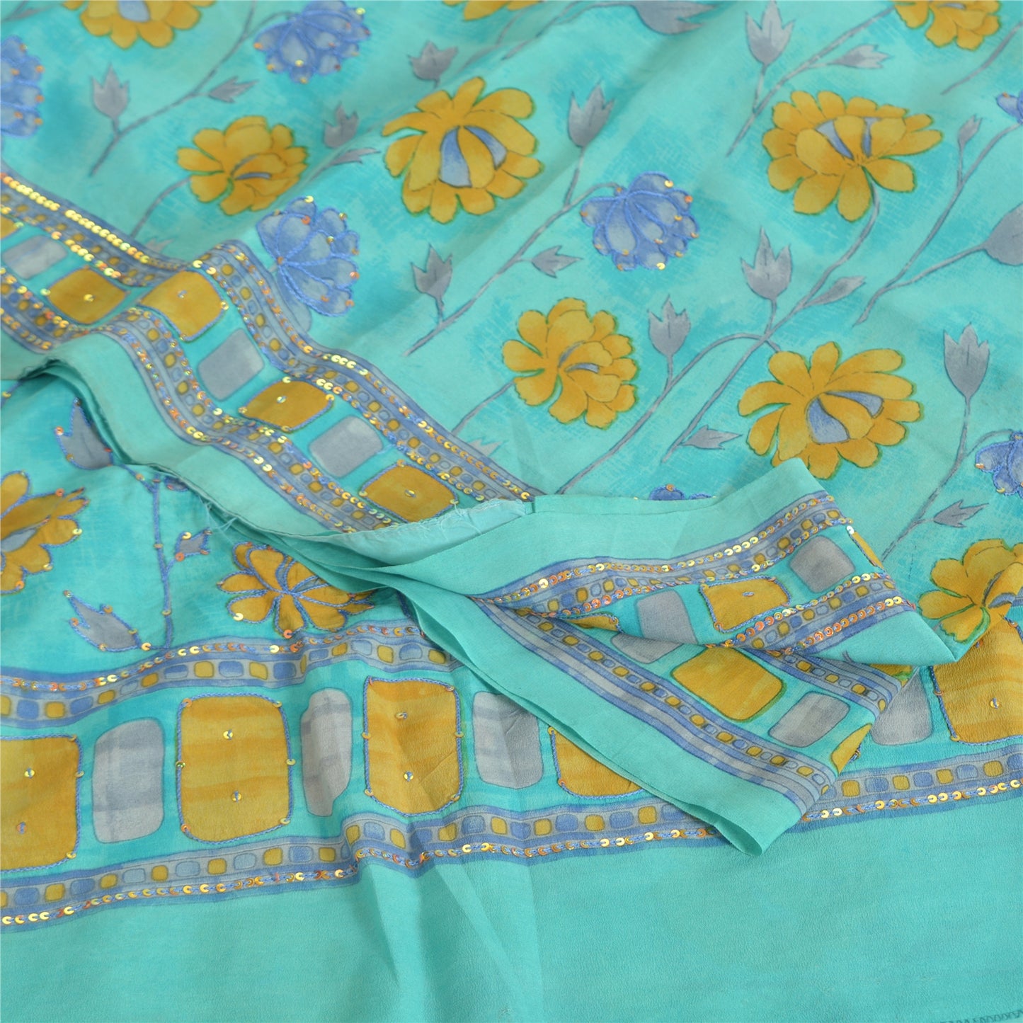 Sanskriti Vintage Sarees Green Pure Crepe Printed/Embroidery Sari Craft Fabric