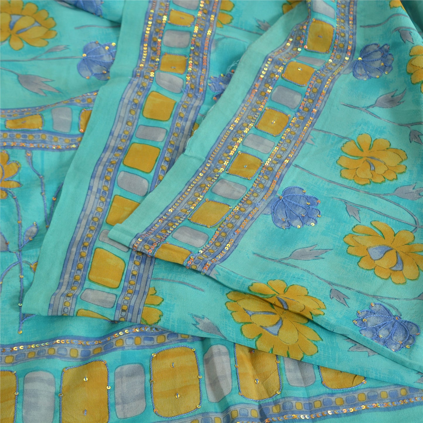 Sanskriti Vintage Sarees Green Pure Crepe Printed/Embroidery Sari Craft Fabric