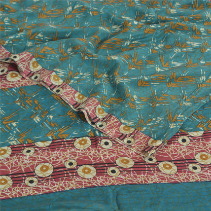 Sanskriti Vintage Sarees Blue Pure Crepe Silk Printed Sari 5yd Craft Fabric