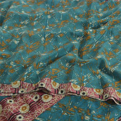 Sanskriti Vintage Sarees Blue Pure Crepe Silk Printed Sari 5yd Craft Fabric