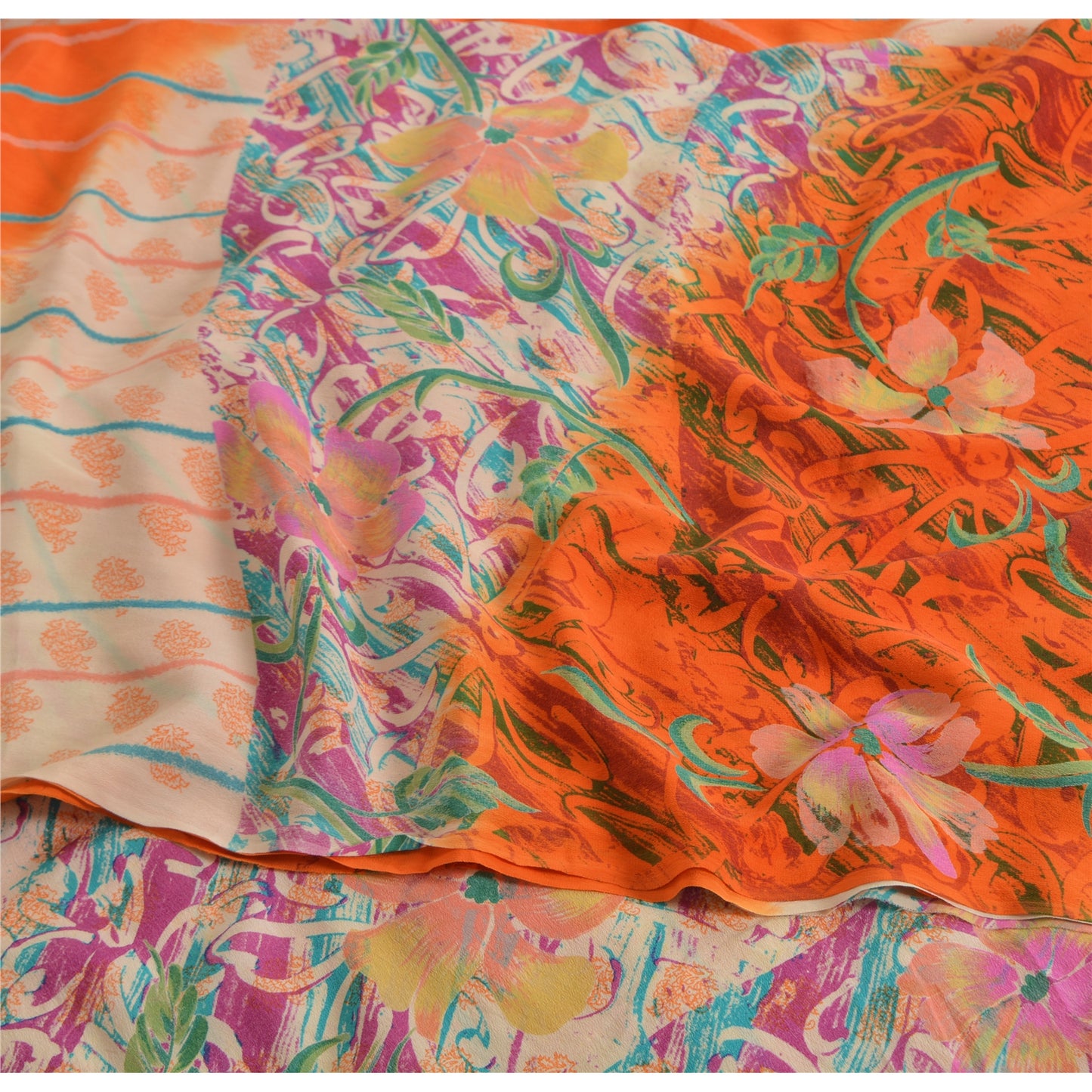 Sanskriti Vintage Sarees Ivory/Orange Pure Crepe Silk Printed Sari Craft Fabric