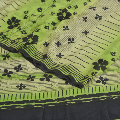 Sanskriti Vintage Sarees Green Pure Crepe Silk Printed Sari 5yd Craft Fabric