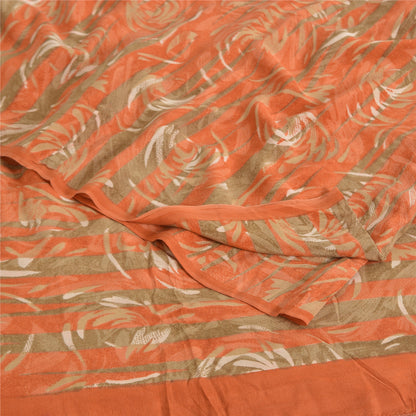 Sanskriti Vintage Sarees Green/Orange Pure Crepe Printed Sari 5yd Craft Fabric