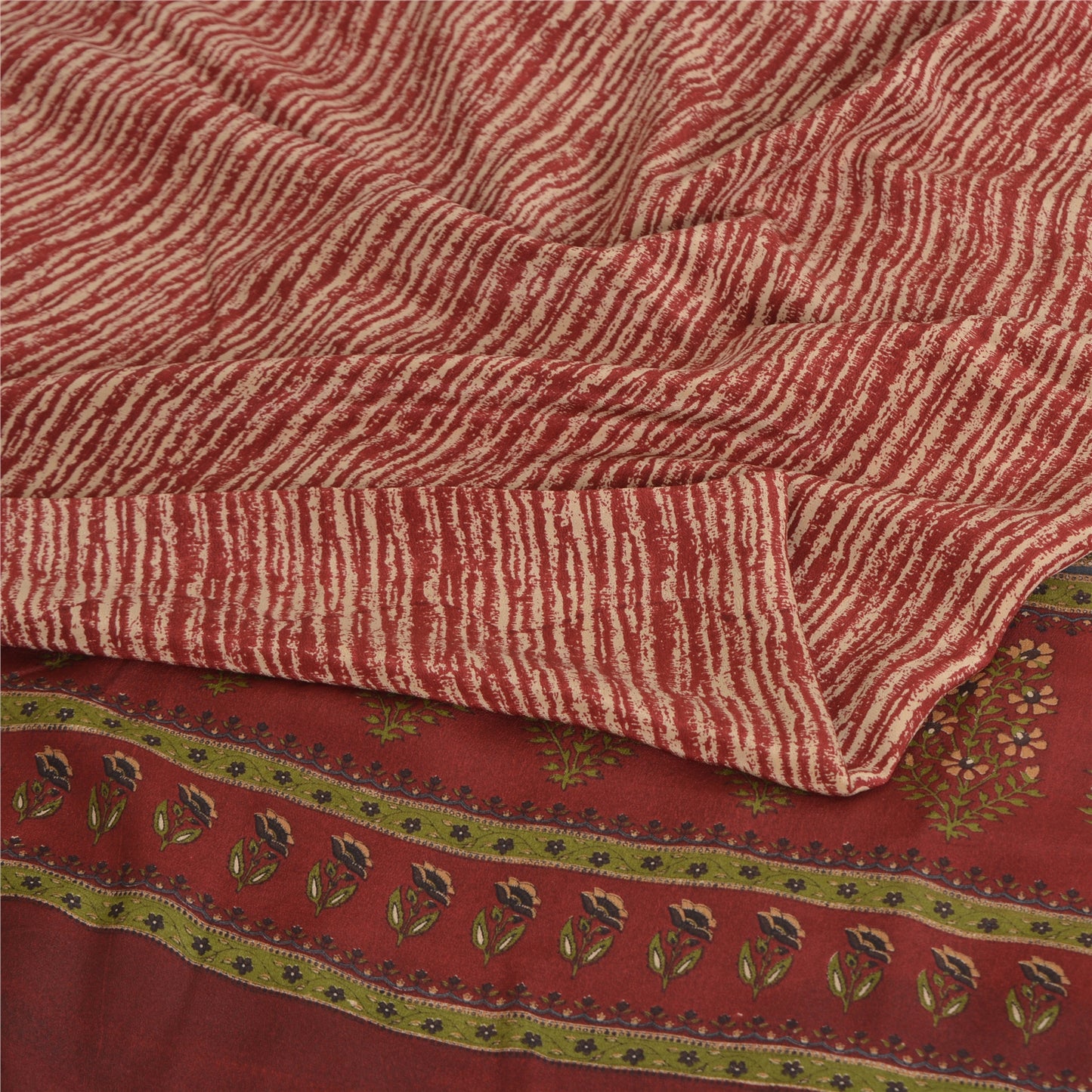 Sanskriti Vintage Sarees Red Pure Crepe Silk Printed Sari 5yd Craft Fabric