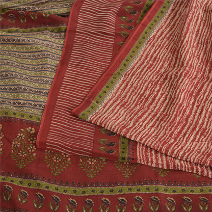 Sanskriti Vintage Sarees Red Pure Crepe Silk Printed Sari 5yd Craft Fabric