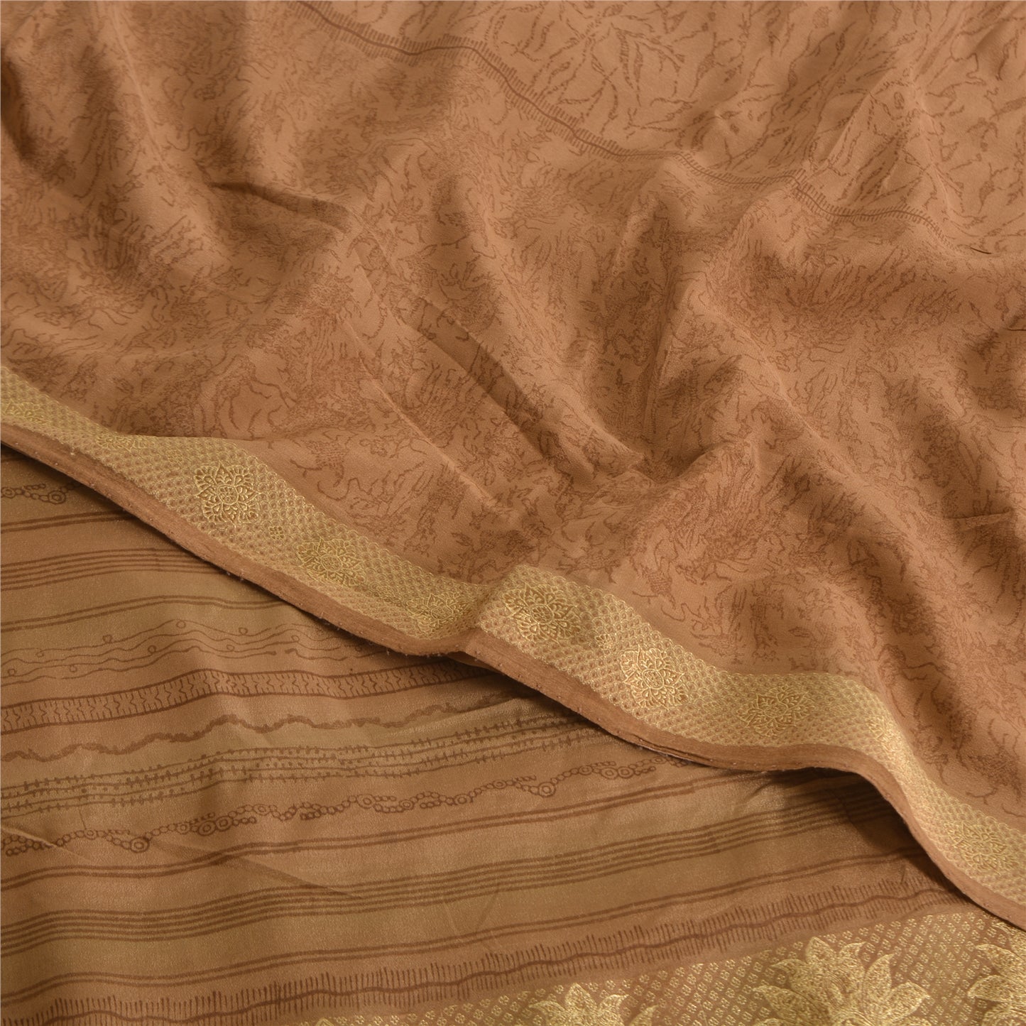 Sanskriti Vintage Sarees Peach Pure Crepe Silk Print Woven Border Sari Fabric