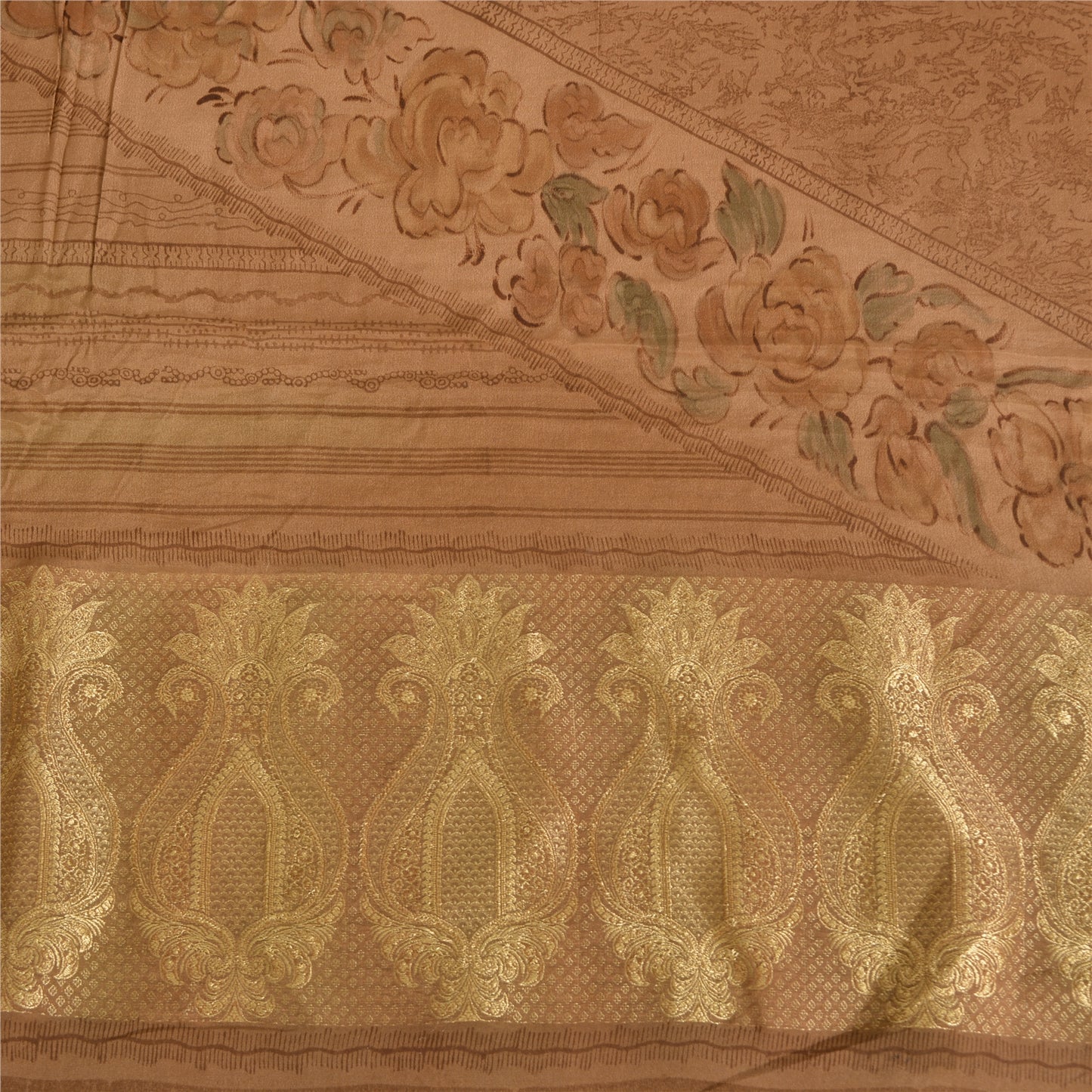 Sanskriti Vintage Sarees Peach Pure Crepe Silk Print Woven Border Sari Fabric