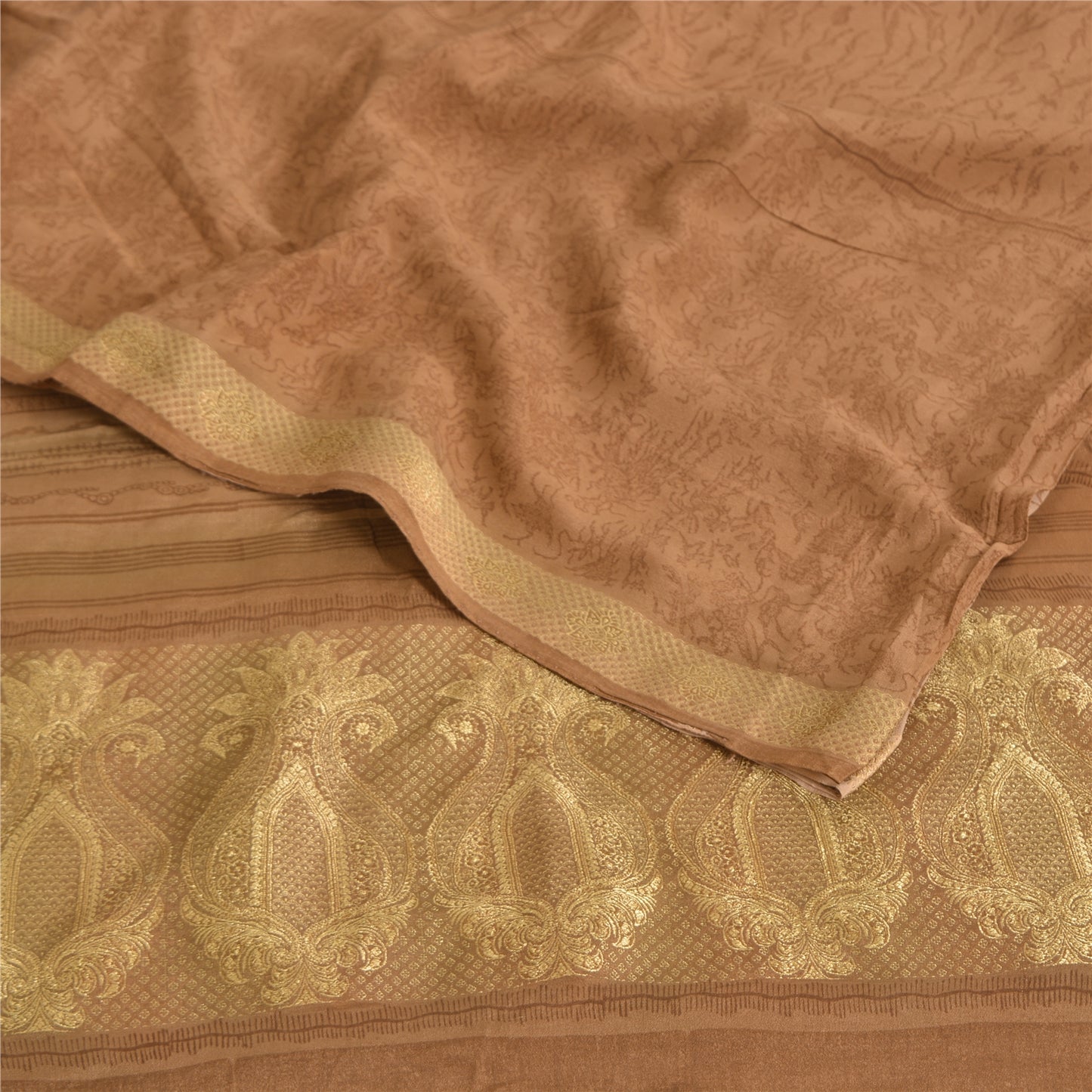 Sanskriti Vintage Sarees Peach Pure Crepe Silk Print Woven Border Sari Fabric