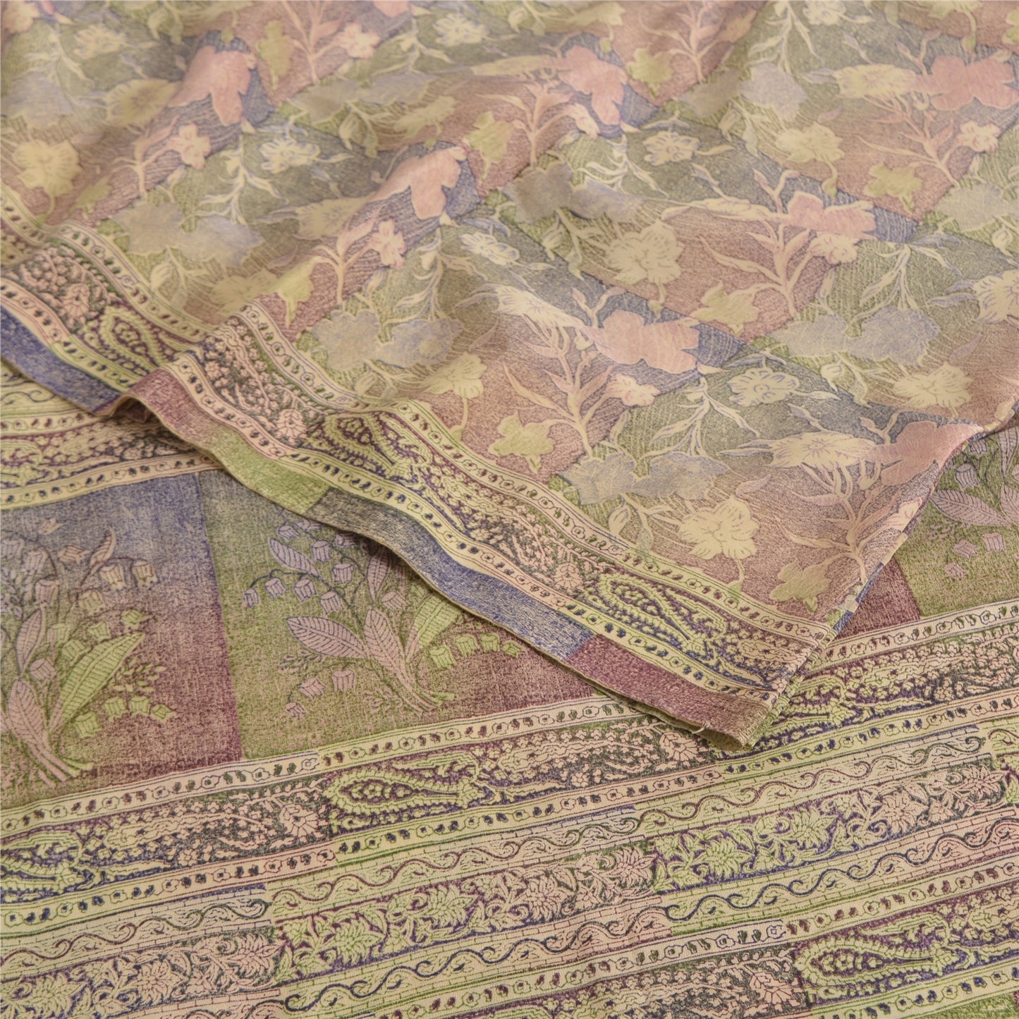 Sanskriti Vintage Sarees Multi Pure Crepe Silk Printed Sari 5yd Craft Fabric