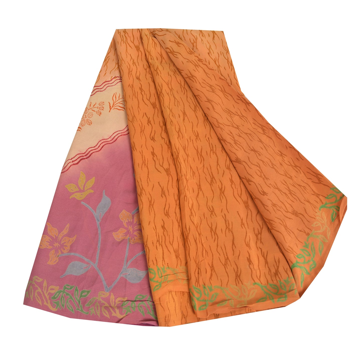 Sanskriti Vintage Sarees Saffron/Pink Pure Crepe Silk Printed Sari 5yd Fabric