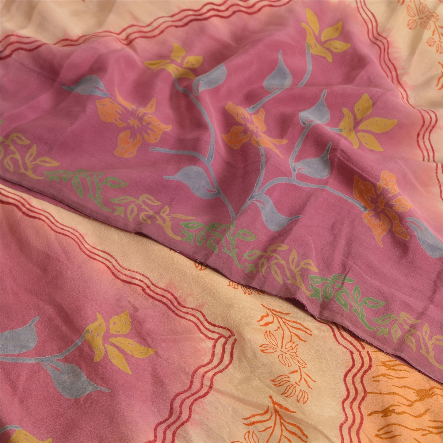 Sanskriti Vintage Sarees Saffron/Pink Pure Crepe Silk Printed Sari 5yd Fabric