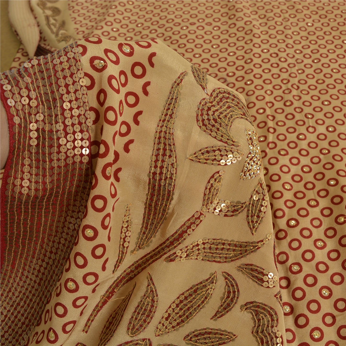 Sanskriti Vintage Sarees Cream/Red Embroidered Pure Crepe Silk Print Sari Fabric