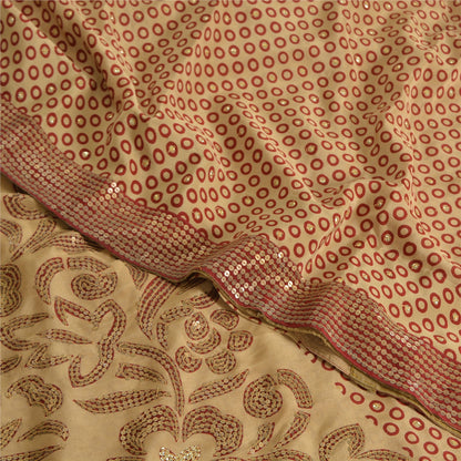 Sanskriti Vintage Sarees Cream/Red Embroidered Pure Crepe Silk Print Sari Fabric