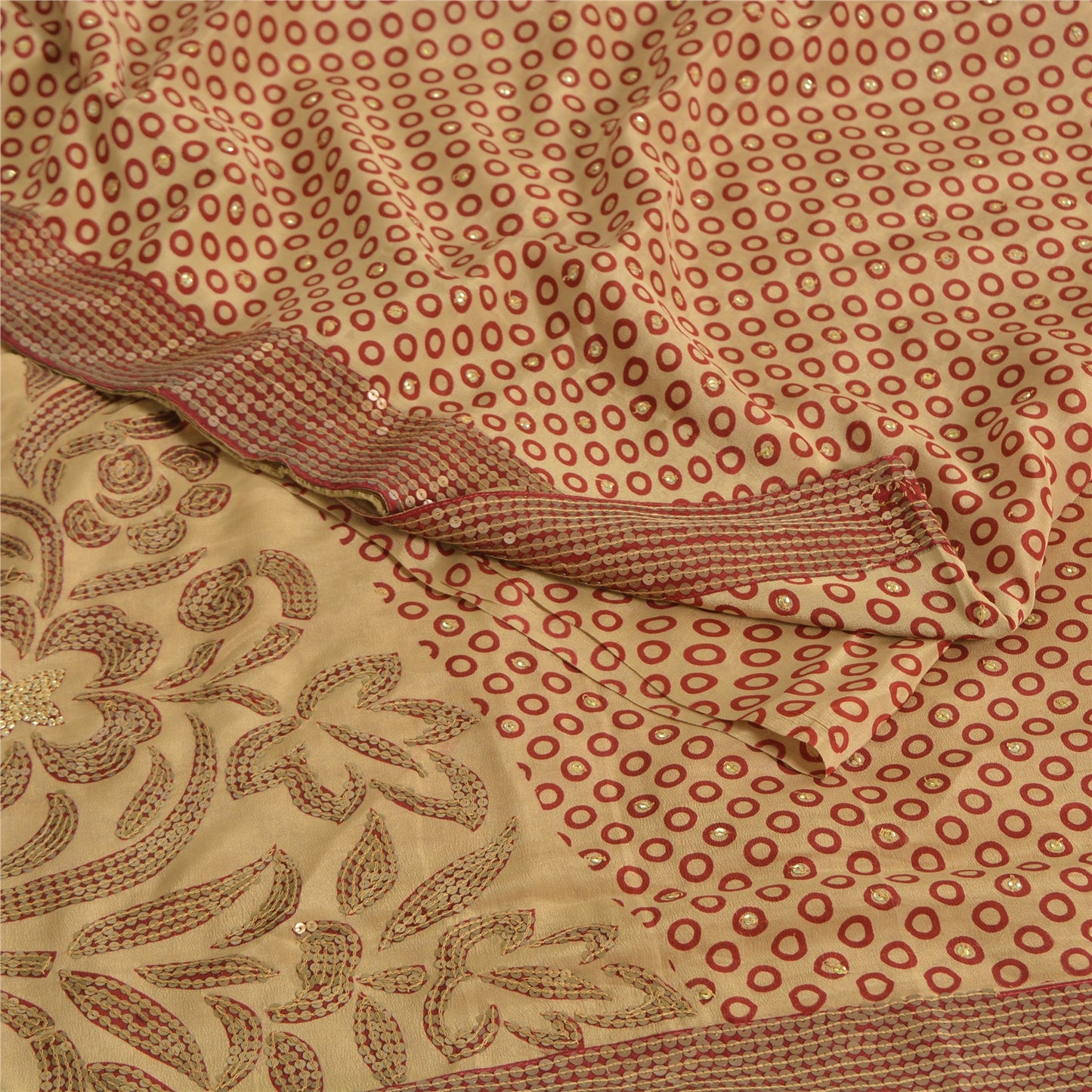 Sanskriti Vintage Sarees Cream/Red Embroidered Pure Crepe Silk Print Sari Fabric