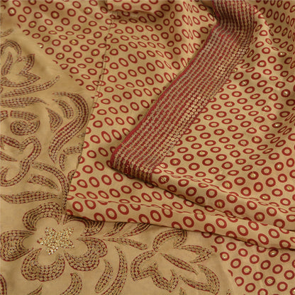 Sanskriti Vintage Sarees Cream/Red Embroidered Pure Crepe Silk Print Sari Fabric