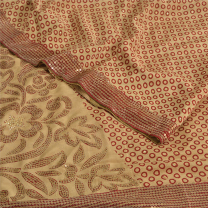 Sanskriti Vintage Sarees Cream/Red Embroidered Pure Crepe Silk Print Sari Fabric