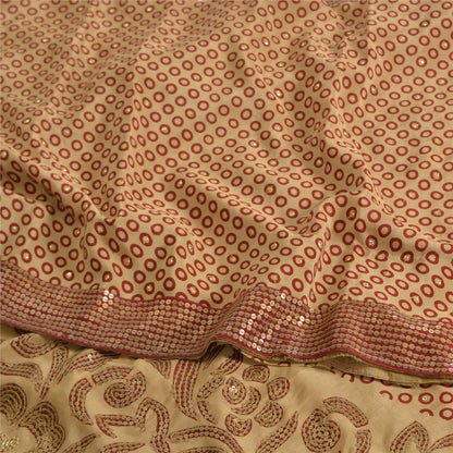 Sanskriti Vintage Sarees Cream/Red Embroidered Pure Crepe Silk Print Sari Fabric