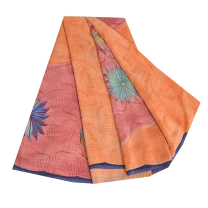 Sanskriti Vintage Sarees Orange Pure Crepe Silk Printed Sari 5yd Craft Fabric