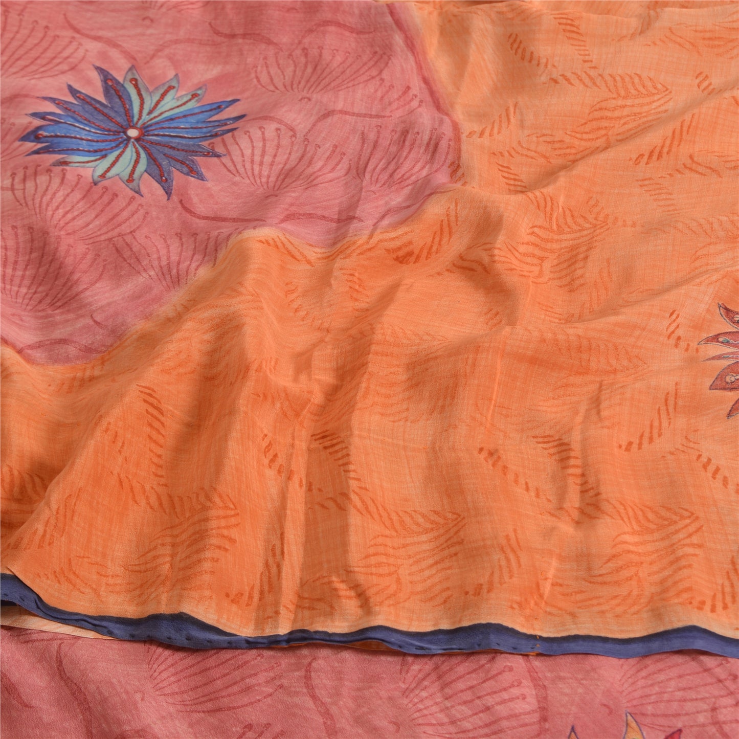 Sanskriti Vintage Sarees Orange Pure Crepe Silk Printed Sari 5yd Craft Fabric