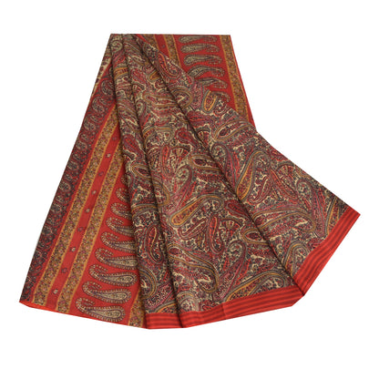 Sanskriti Vintage Sarees Red Pure Crepe Silk Paisley Printed Sari Craft Fabric