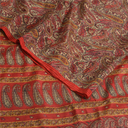 Sanskriti Vintage Sarees Red Pure Crepe Silk Paisley Printed Sari Craft Fabric