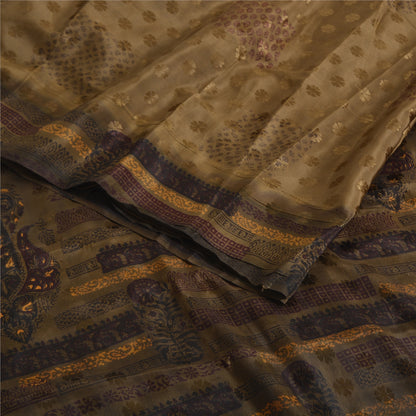 Sanskriti Vintage Sarees Brown Pure Crepe Silk Print/Woven Sari 6yd Fabric