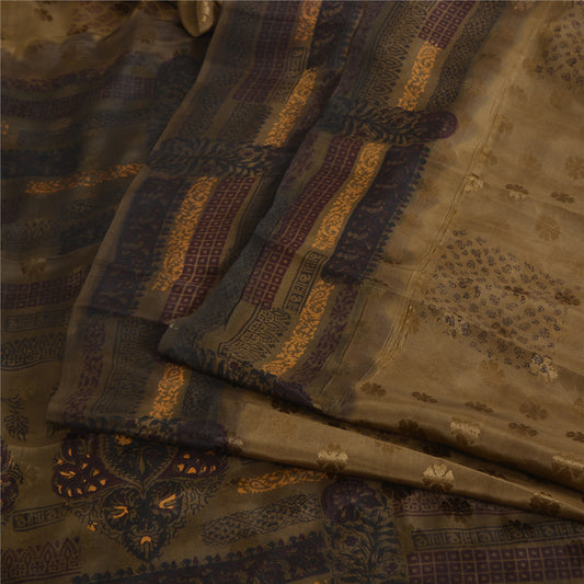 Sanskriti Vintage Sarees Brown Pure Crepe Silk Print/Woven Sari 6yd Fabric