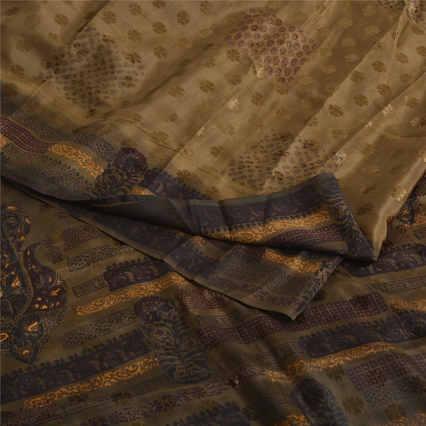 Sanskriti Vintage Sarees Brown Pure Crepe Silk Print/Woven Sari 6yd Fabric