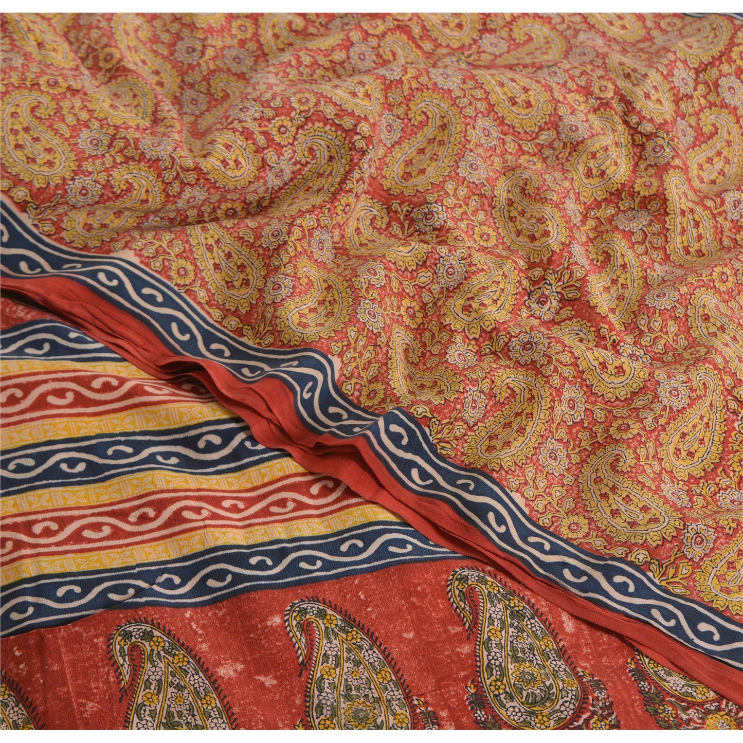 Sanskriti Vintage Sarees Red 100% Pure Crepe Silk Printed Sari 5yd Craft Fabric