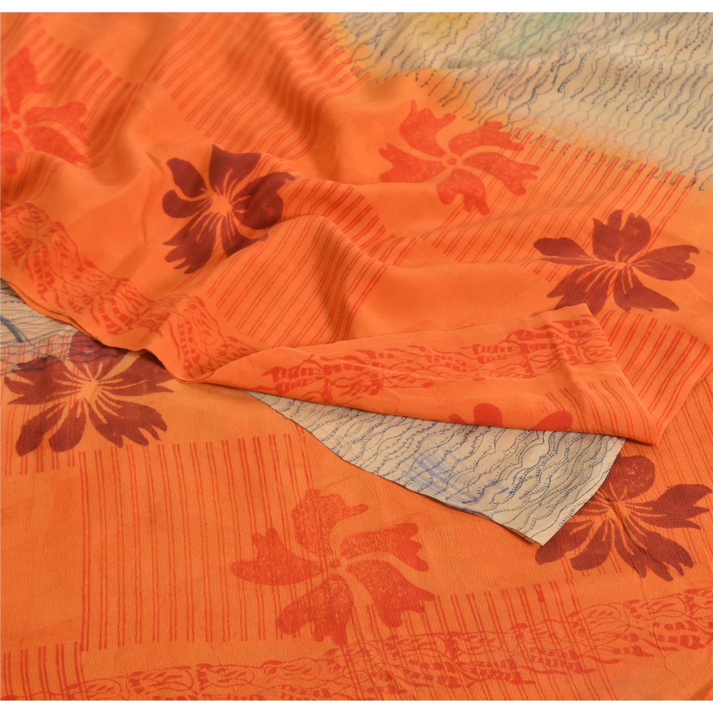 Sanskriti Vintage Sarees Ivory/Orange Pure Crepe Silk Print Sari Craft Fabric