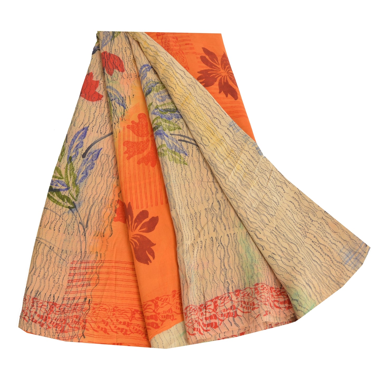 Sanskriti Vintage Sarees Ivory/Orange Pure Crepe Silk Print Sari Craft Fabric