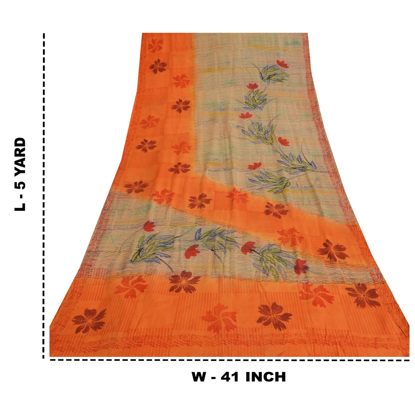 Sanskriti Vintage Sarees Ivory/Orange Pure Crepe Silk Print Sari Craft Fabric