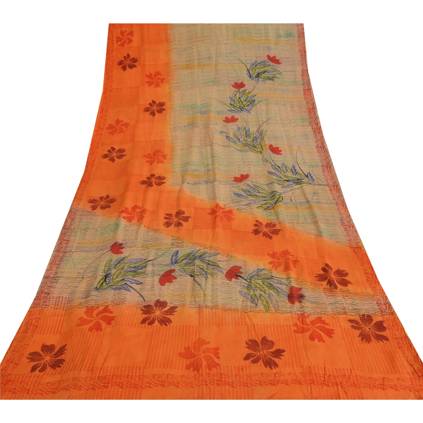 Sanskriti Vintage Sarees Ivory/Orange Pure Crepe Silk Print Sari Craft Fabric