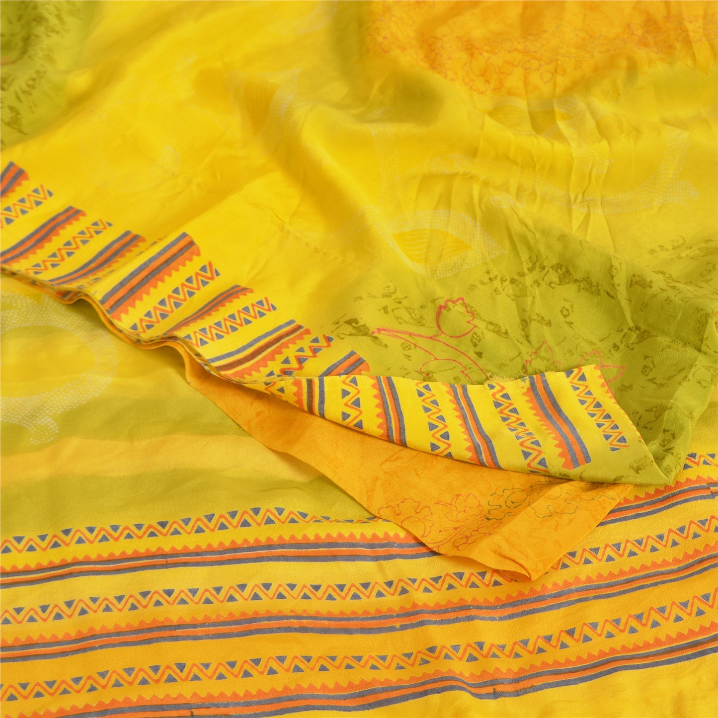 Sanskriti Vintage Sarees Yellow/Green Pure Crepe Printed Sari 5yd Craft Fabric