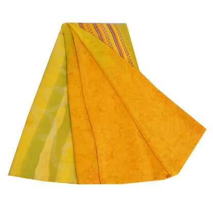 Sanskriti Vintage Sarees Yellow/Green Pure Crepe Printed Sari 5yd Craft Fabric