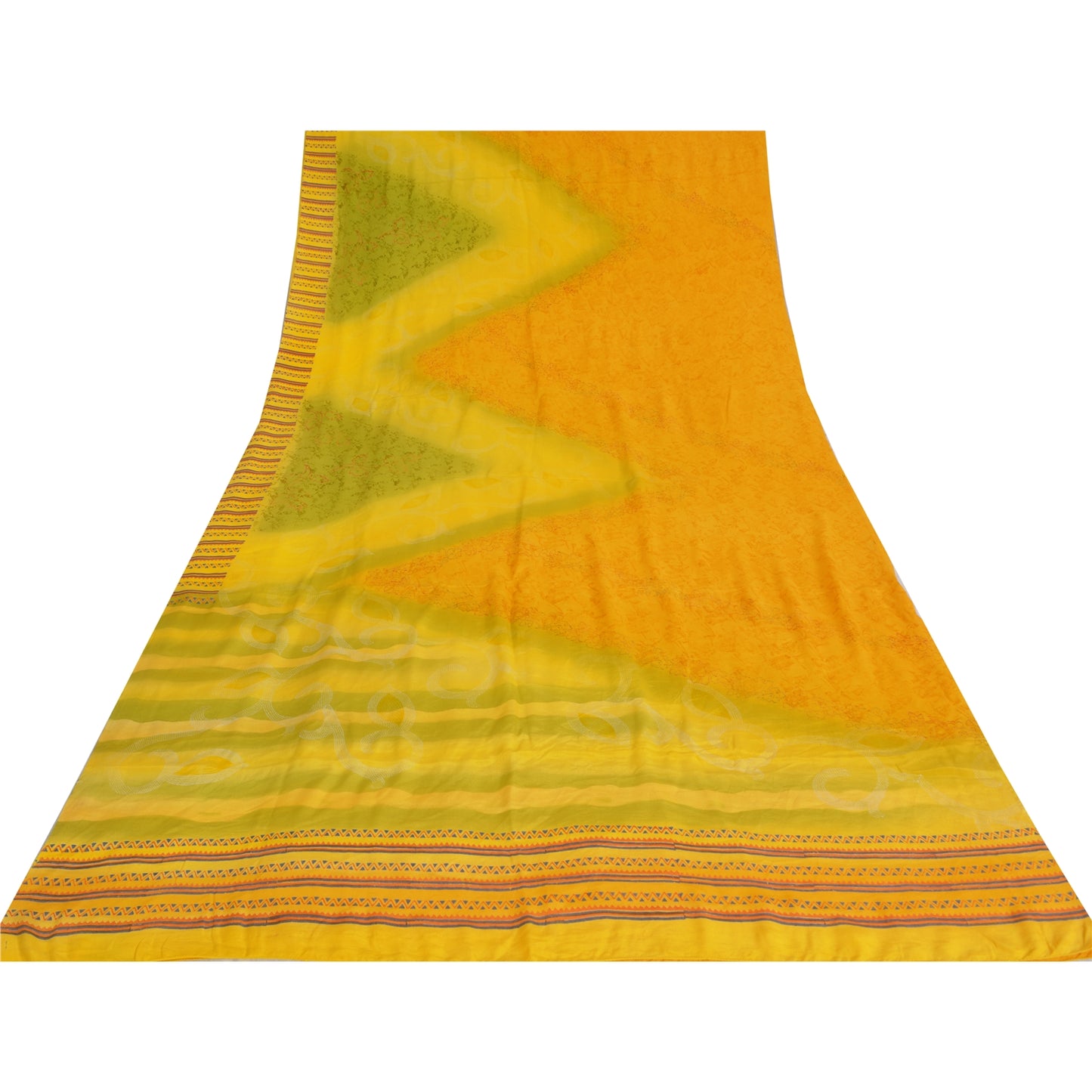 Sanskriti Vintage Sarees Yellow/Green Pure Crepe Printed Sari 5yd Craft Fabric