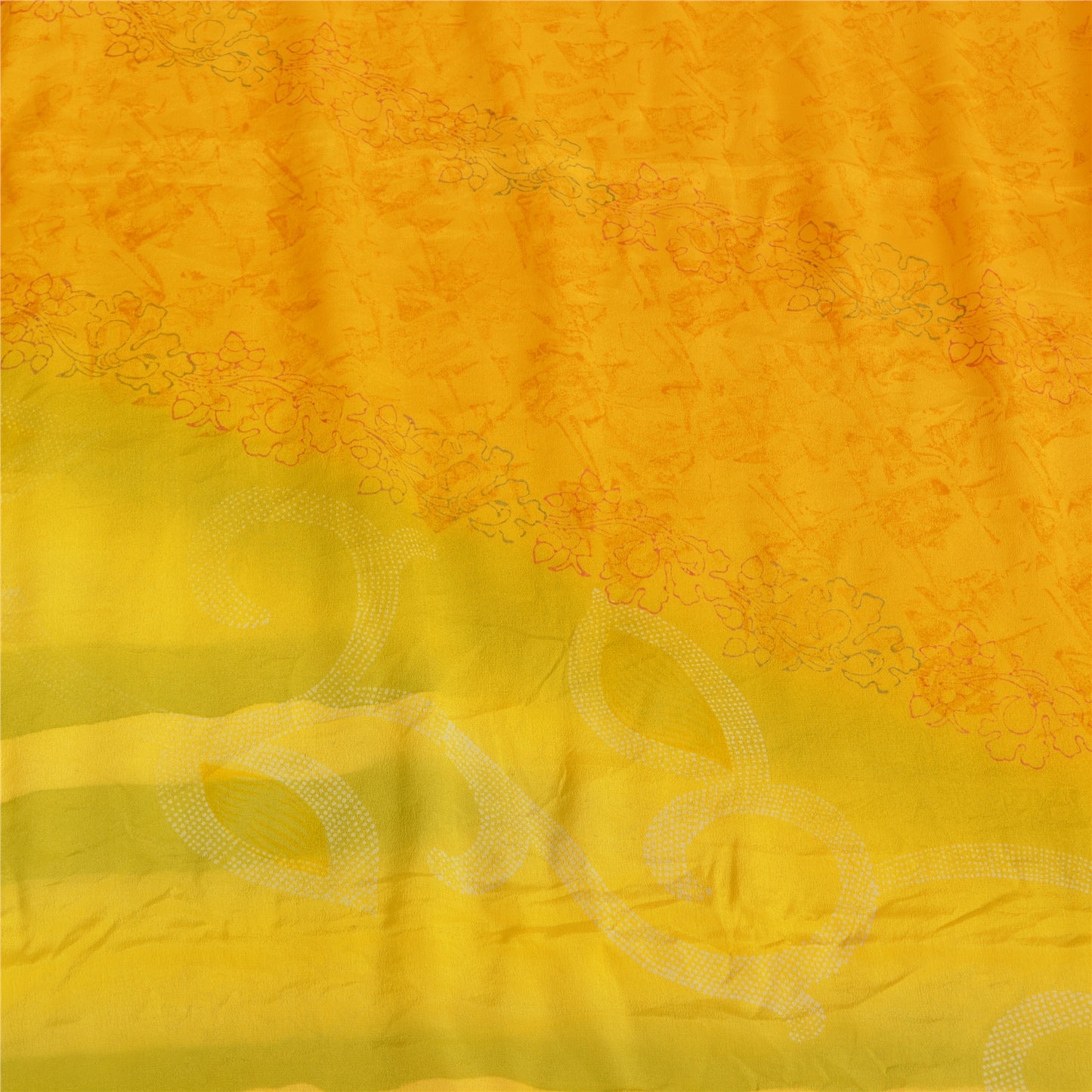 Sanskriti Vintage Sarees Yellow/Green Pure Crepe Printed Sari 5yd Craft Fabric