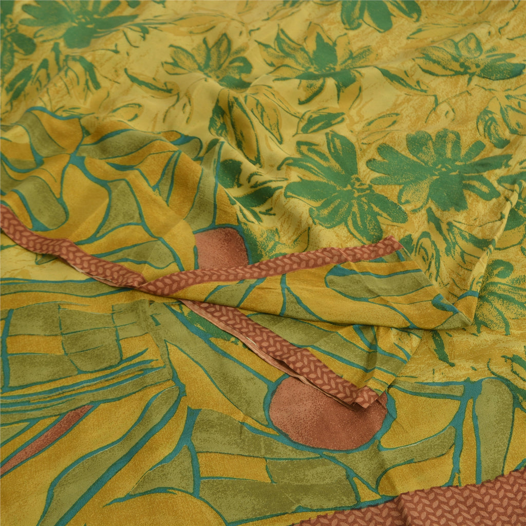 Sanskriti Vintage Sarees Green Pure Crepe Silk Printed Sari 5yd Craft Fabric