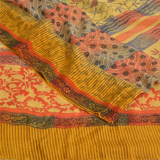 Sanskriti Vintage Sarees Multicolor Pure Crepe Silk Print Sari 5yd Craft Fabric