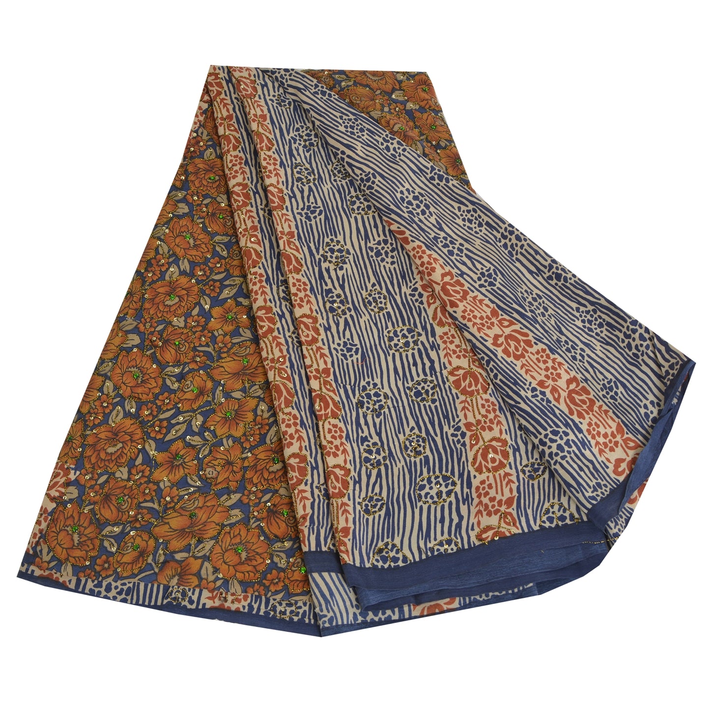 Sanskriti Vintage Sarees Blue 100% Pure Crepe Silk Printed Sari 5yd Craft Fabric